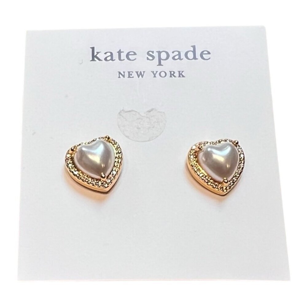 Kate Spade Pearl Heart Stud Earrings Cubic Zirconia Halo Gold NWOT Romantic Gift